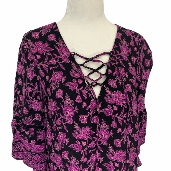 forever 21 Lined Boho Mini Dress Bell Sleeve Floral Purple Size S - Picture 3 of 7